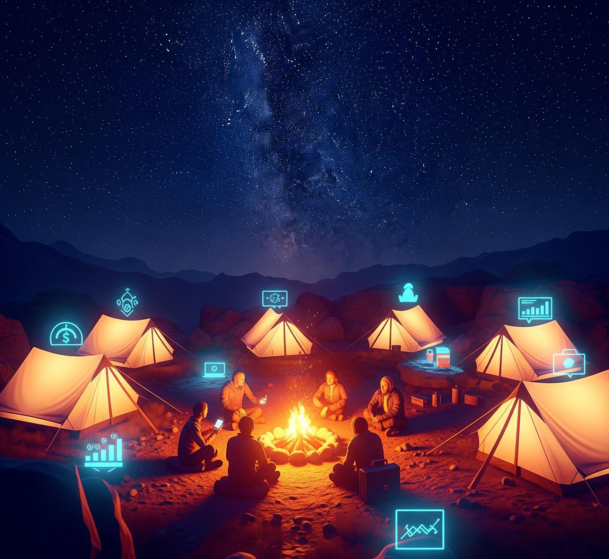 Futuristic residential complex nestled in valley surrounded by snow-capped mountains under starry sky