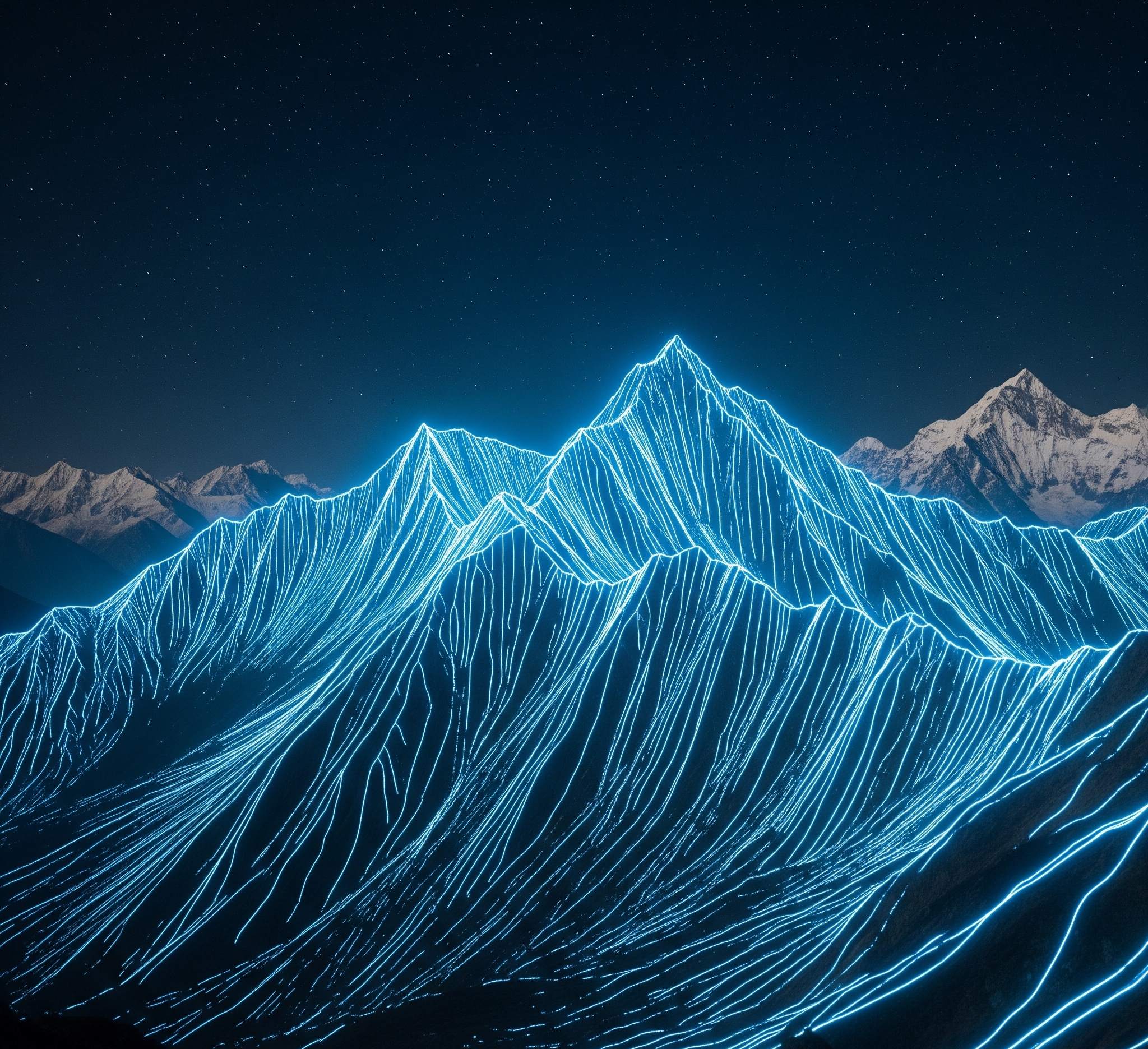Silicon Peaks Nepal - Futuristic residential complex nestled in valley surrounded by snow-capped mountains under starry sky